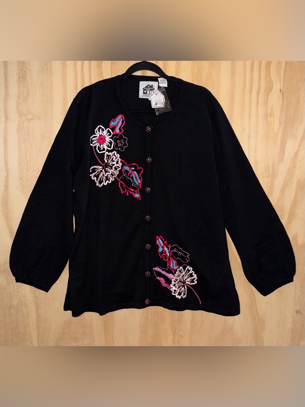 NWT Storybook Knits Black Cardigan Sweater Floral Embroidered Pink Flowers 3X